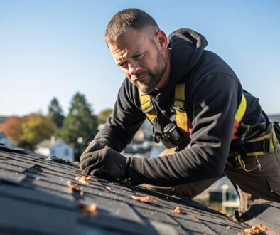 Roofing contractor repairing shingles on a house