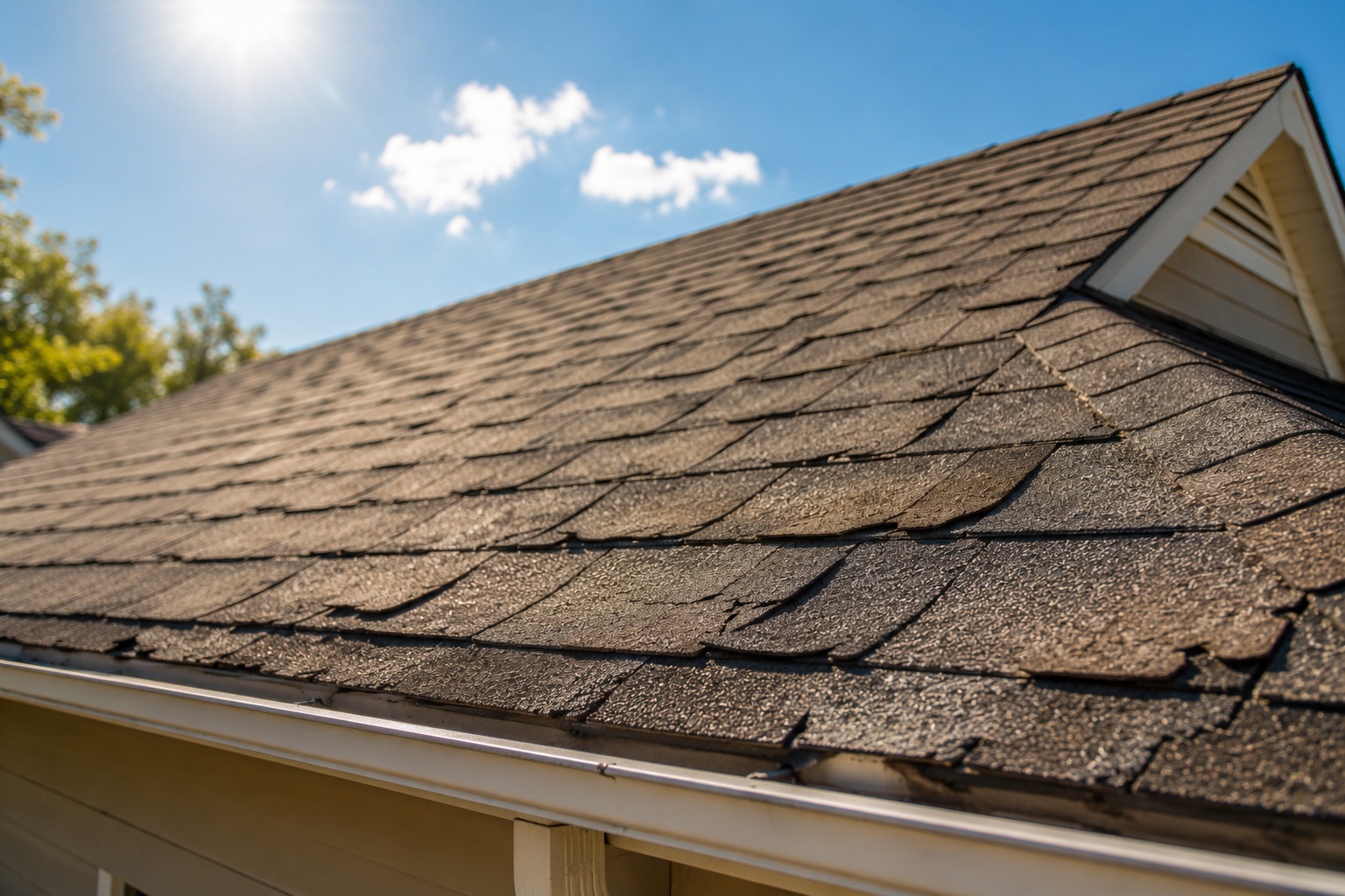 Damaged, aging shingles on and old roof