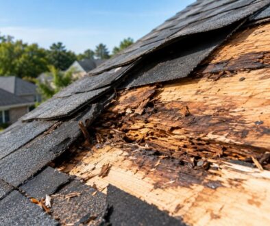Damaged Roof Decking Beneath Lifted Shingles
